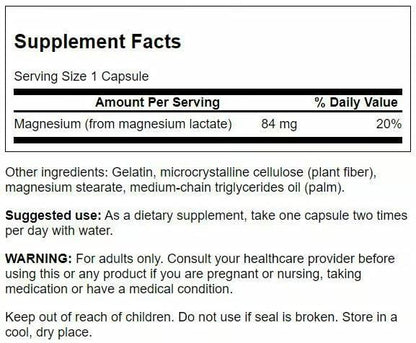 Swanson Magnesium Lactate (84 mg) - Lactose-Free Mineral Supplement, 120 Capsules
