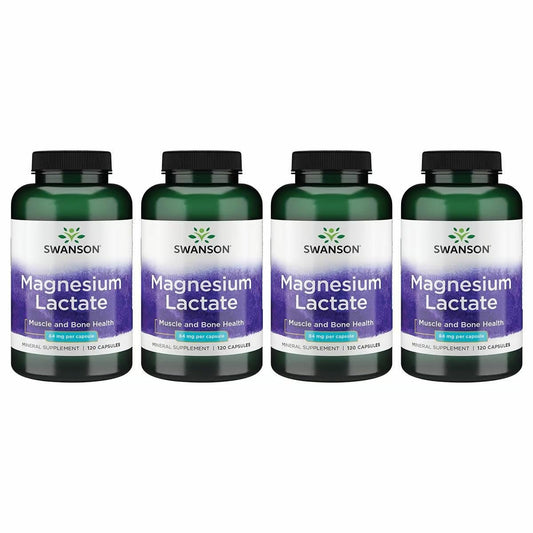 Swanson Magnesium Lactate - Lactose-Free Magnesium with Gentle Absorption | 4-Pack (480 capsules) BritishVita | Premium UK Vitamins & Wellness Supplements