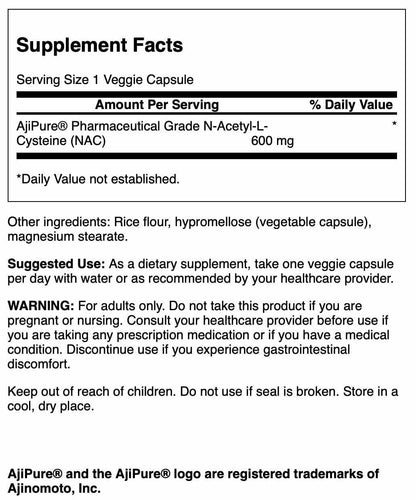 Swanson AjiPure N-Acetyl-L-Cysteine Pharmaceutical Grade 600 mg | 60 Veg Capsules