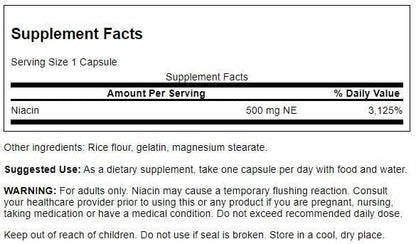 Swanson Niacin (B3) 500 mg – Cardio Health Support & Carbohydrate Metabolism | 250 Capsules