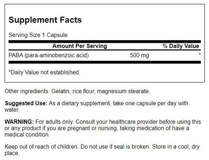 Swanson PABA - Powerful B Complex for Red Blood Cells & Skin Health (120 Capsules, 500mg)