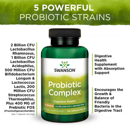 Swanson Probiotic Complex 4.2B CFU, 5-Strain | Digestive Health & Prebiotic FOS | 120 Veggie DRcaps