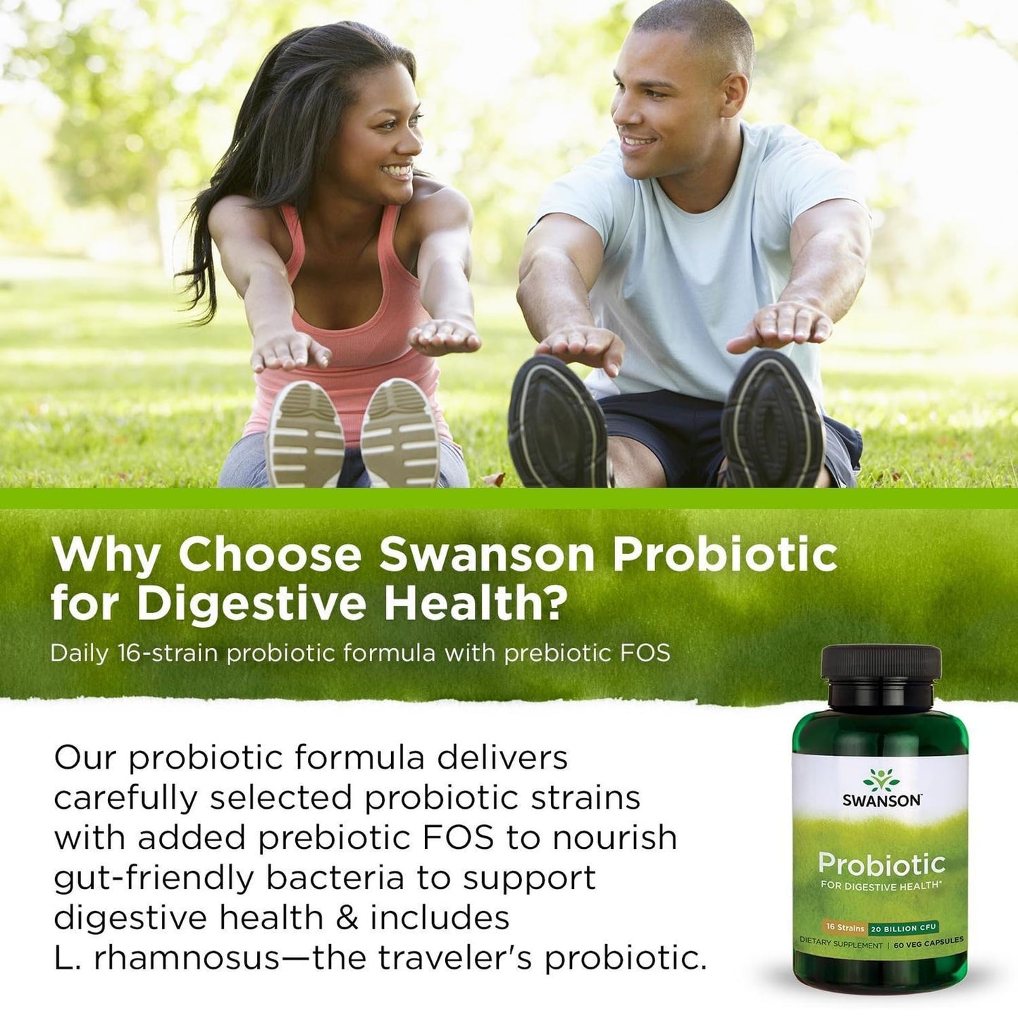 Swanson Probiotic for Digestive Health – 60 Veggie Caps, 2B CFU, 16 Strains, Prebiotic FOS