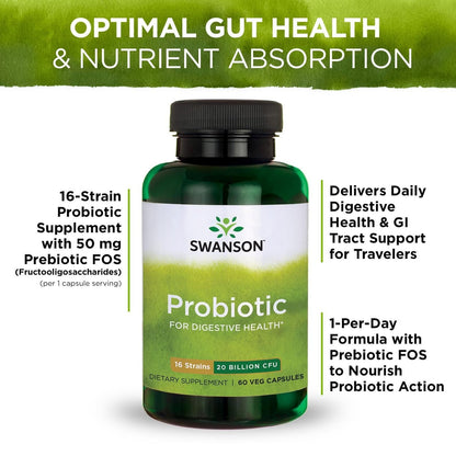 Swanson Probiotic for Digestive Health – 60 Veggie Caps, 2B CFU, 16 Strains, Prebiotic FOS
