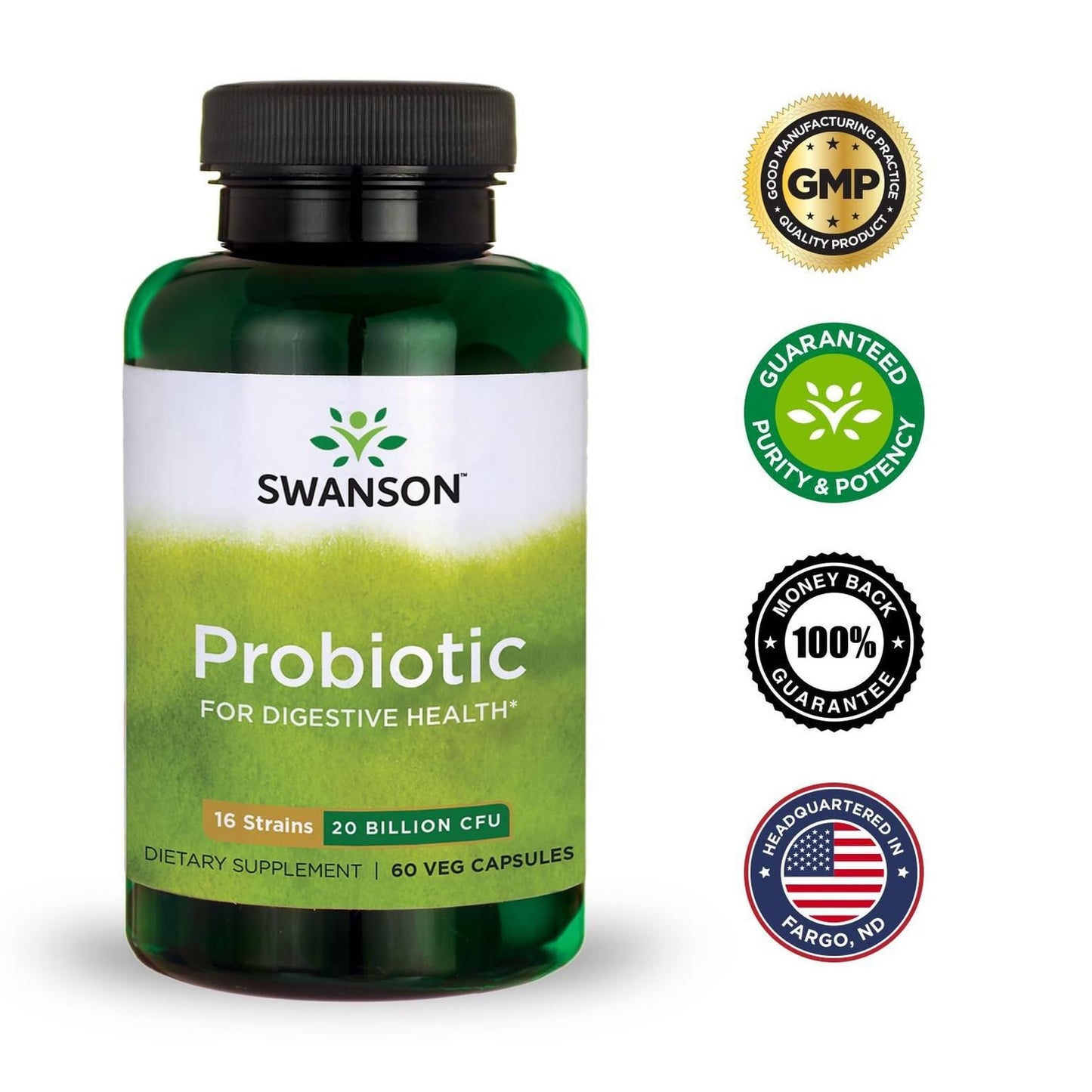 Swanson Probiotic for Digestive Health – 60 Veggie Caps, 2B CFU, 16 Strains, Prebiotic FOS