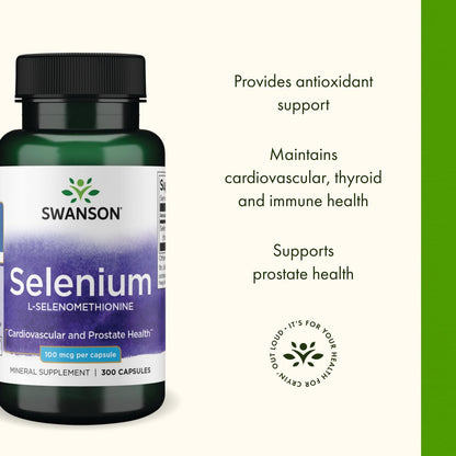 Swanson Selenium L-Selenomethionine – 300 Capsules (Pack of 2) for Heart & Prostate Health, Immune & Thyroid Support