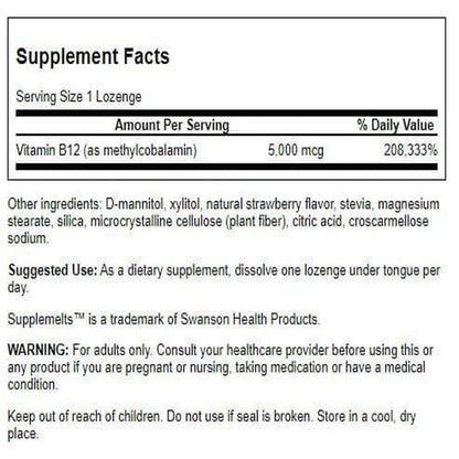 Swanson Supplements Sublingual Vitamin B-12 5 mg, 60 Tabs | Supports Energy & Nervous System