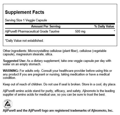 Swanson Taurine Amino Acid Ajipure Pharmaceutical Grade 500 mg, 60 Veg Capsules