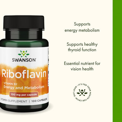 Swanson Vitamin B2 (Riboflavin) – Vision, Thyroid & Energy Support (100 Capsules)