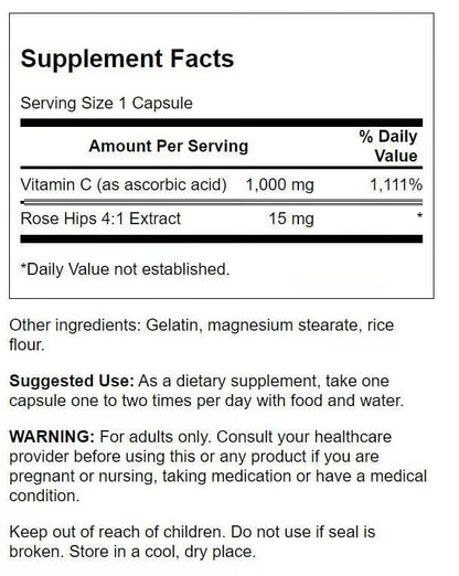 Swanson Vitamin C with Rose Hips – Immune Support, Skin & Heart Health | 90 Capsules, 1000 mg