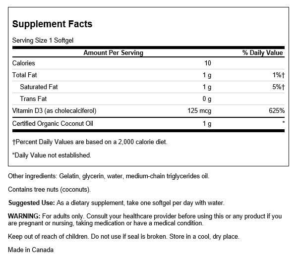 Swanson High Potency Vitamin D-3 with Coconut - 125 mcg, 60 Softgels