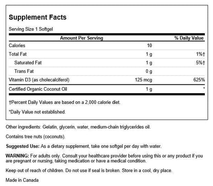 Swanson High Potency Vitamin D-3 with Coconut - 125 mcg, 60 Softgels
