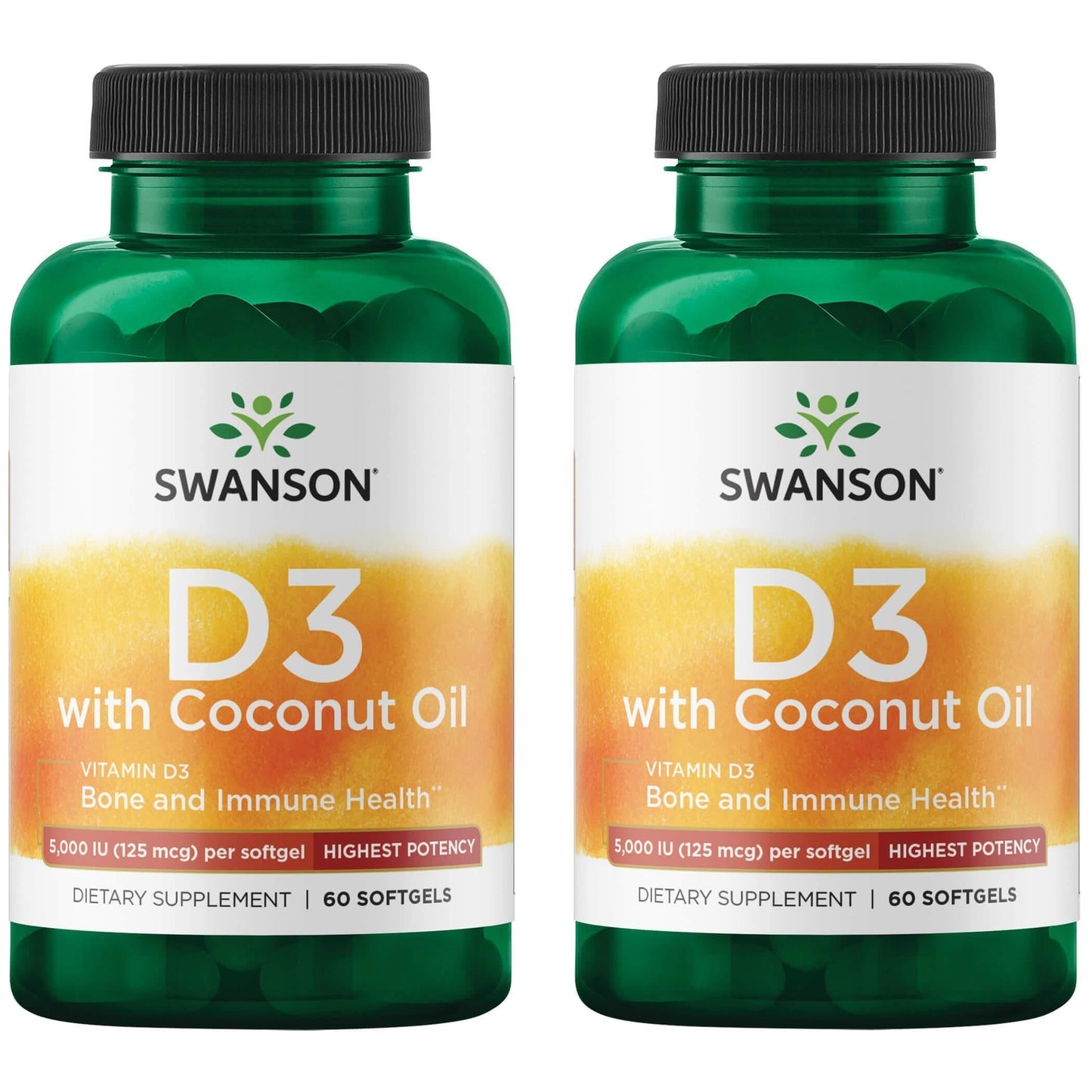 Swanson Vitamin D-3 with Coconut 125mcg (60 Softgels) – Bone Health & Immune Support (2 Pack)