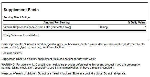 Swanson Natural Vitamin K2 (Menaquinone-7 from Natto) 50 mcg 30 Softgels (1 Pack) | Swanson Health