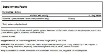 Swanson Natural Vitamin K2 (Menaquinone-7 from Natto) 50 mcg 30 Softgels (1 Pack) | Swanson Health
