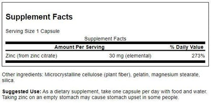 Swanson Zinc (Citrate) 30 Milligrams - 60 Capsules | Immune Support & Vision