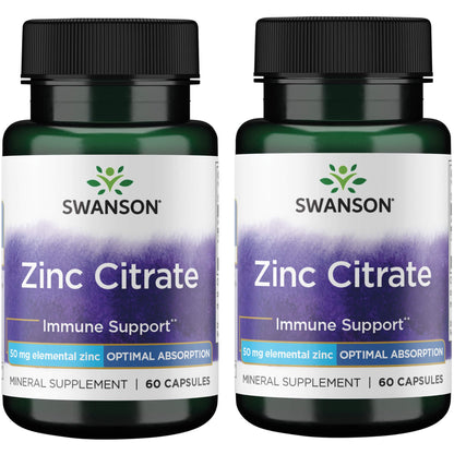 Swanson Zinc Citrate 50mg - Vision & Immune Support - 60 Capsules (2 Pack)