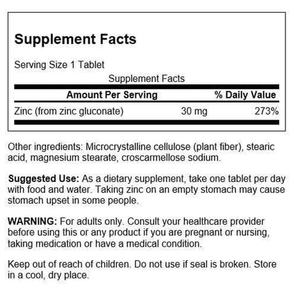 Swanson Zinc Gluconate - Mineral Supplement Promoting Prostate Health, Vision Health, & Immune Support -Gluconate Form for Optimal Absorption - (250 Tablets, 30mg Each)