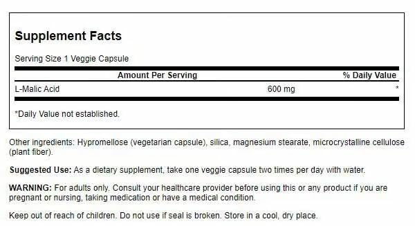 Swanson Malic Acid 600mg – Natural Energy Support for Cellular Production (2 Pack, 100 Veggie Capsules)