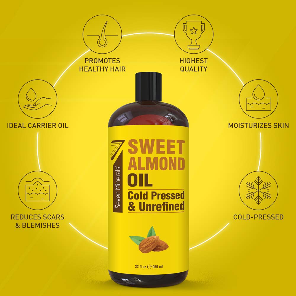 Seven Minerals Pure Cold Pressed Sweet Almond Oil – 32 oz Unrefined Carrier Oil for Skin & Hair