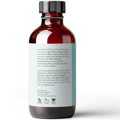 Pure Body Naturals Sweet Almond Oil – 4 oz, Cold Pressed & 100% Pure for Hair, Skin & Nails