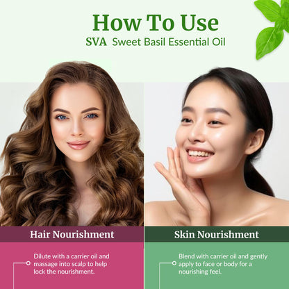 SVA Sweet Basil Essential Oil – 4oz | 100% Natural Basil Oil for Diffuser, Hair & Skin Care