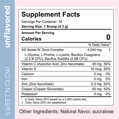 Sweet'N Glow Zero Calorie Sugar Free Collagen Booster – 30 Servings (Unflavored)