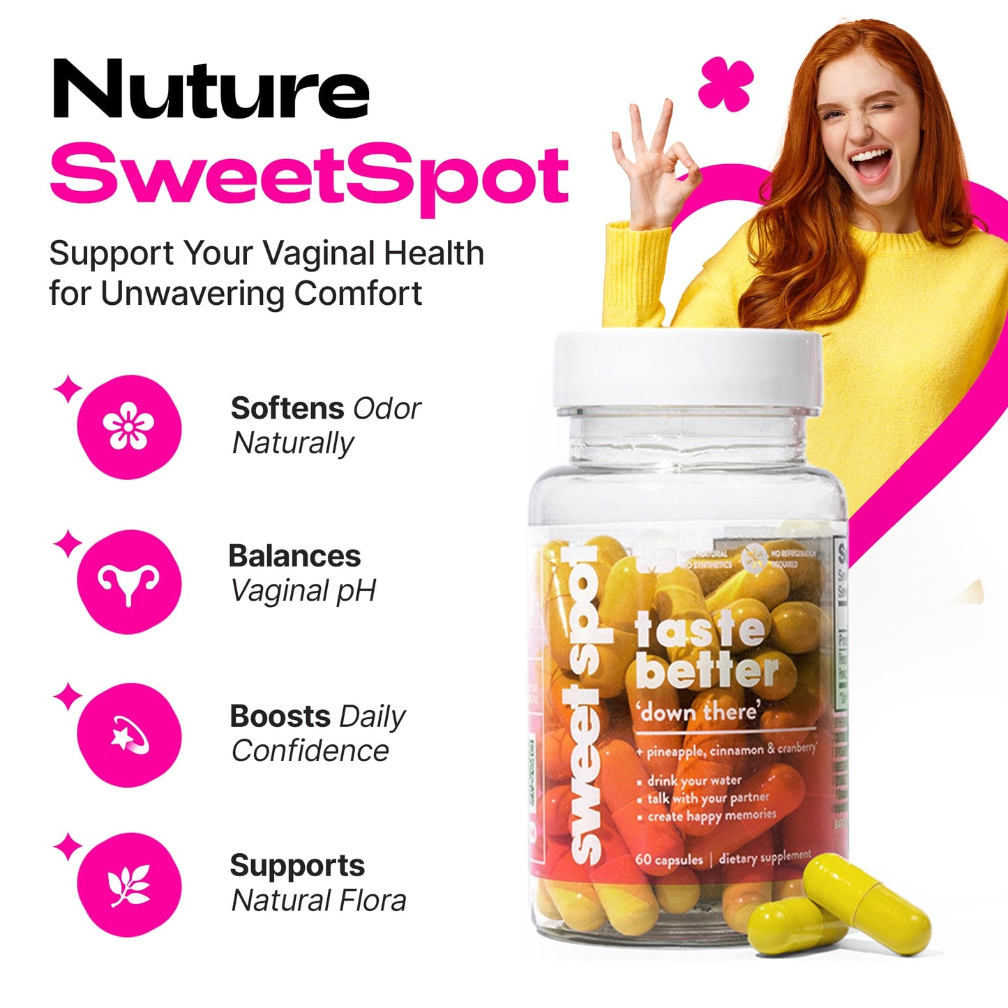 Sweet Spot Pineapple & Cranberry Vaginal Health Supplement – 60 Capsules | Freshens Taste & Balance