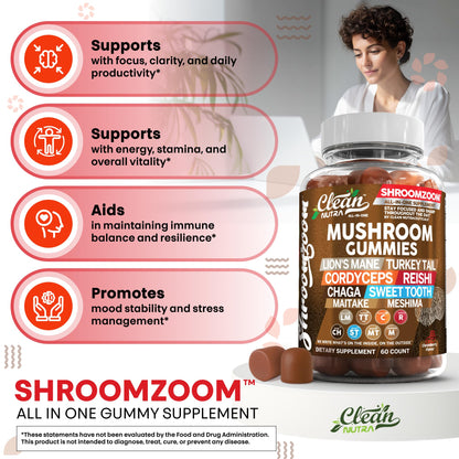 15-in-1 Mushroom Gummies with Lion's Mane, Turkey Tail & More | Immune Support for Men & Women | Clean Nutra