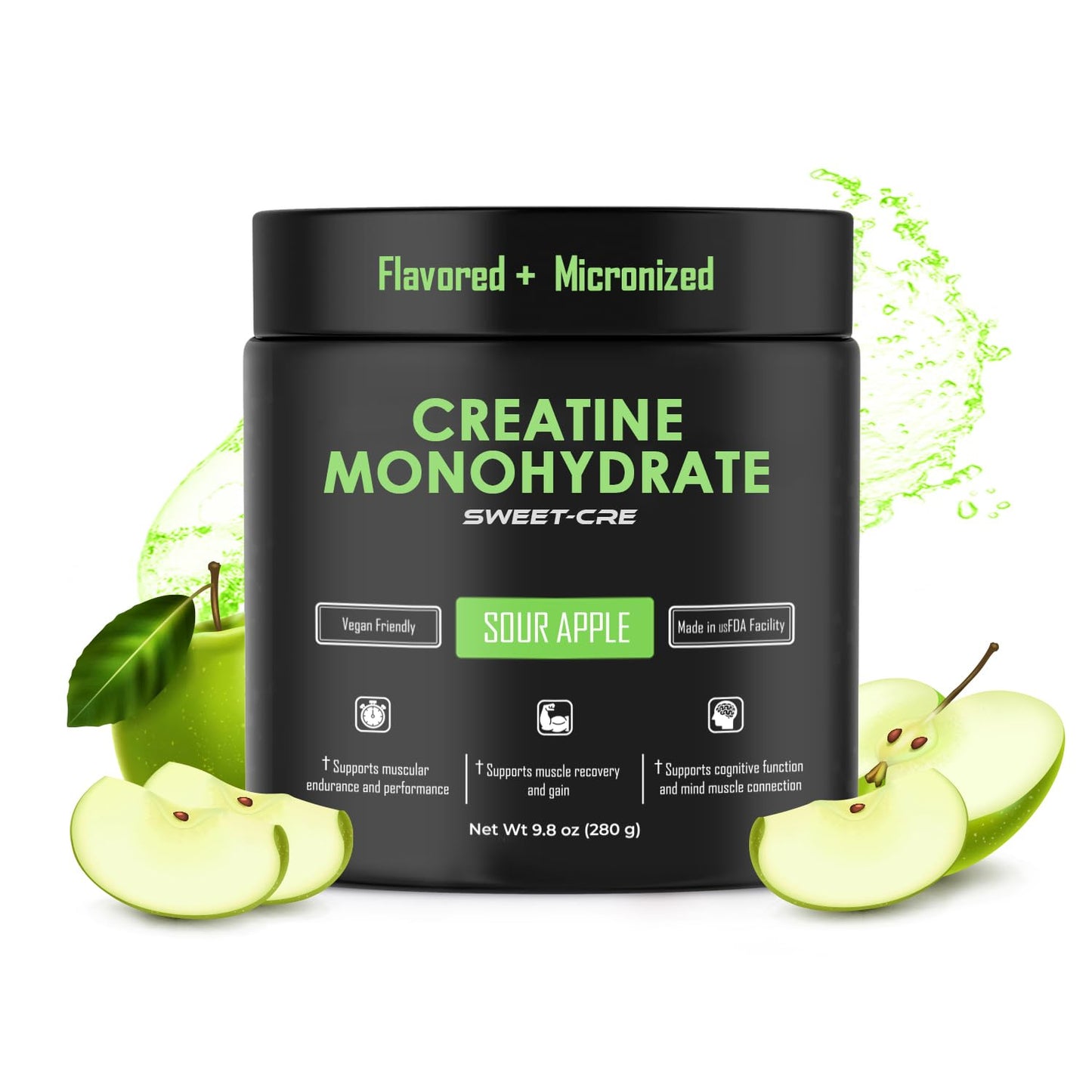 SweetCre Creatine Monohydrate - 5g Powder - Fruit Punch Flavor - 10oz (40 Servings) - GMP-Certified