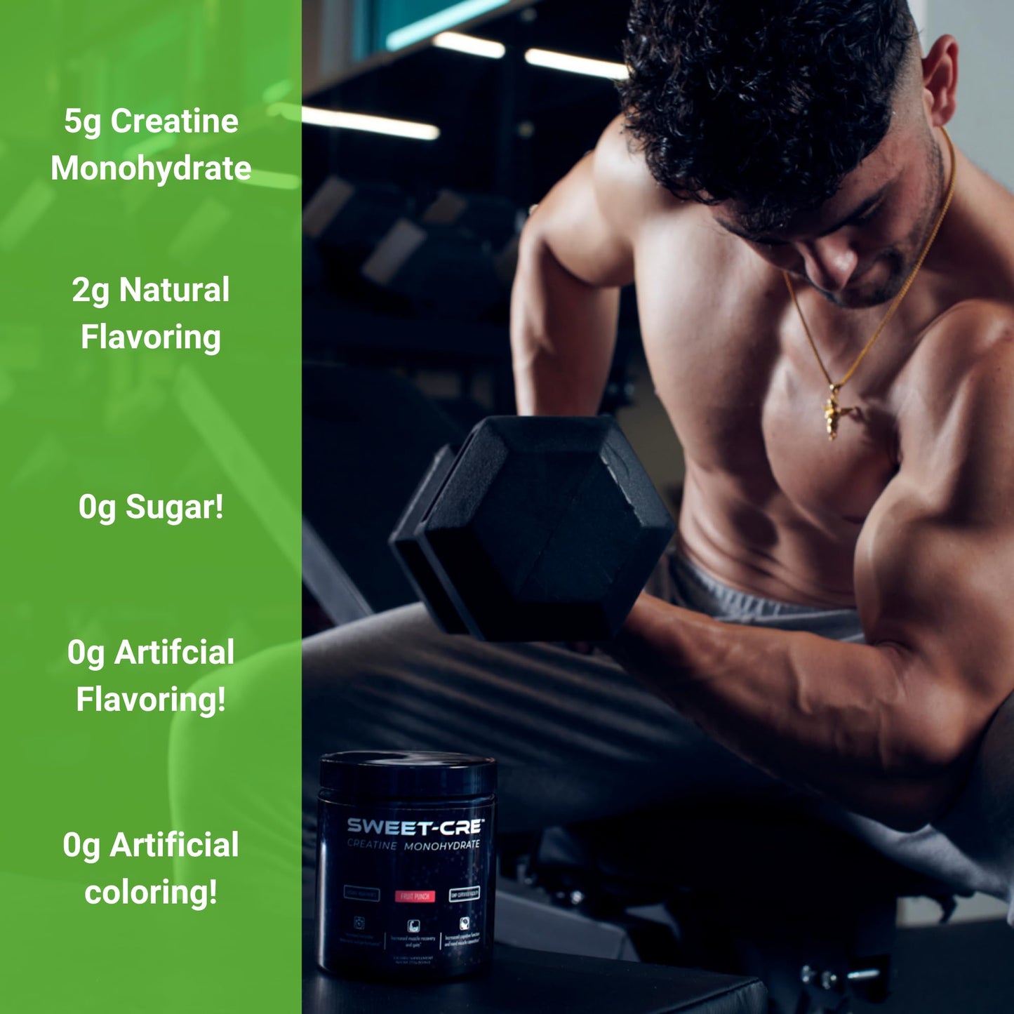SweetCre Creatine Monohydrate - 5g Powder - Fruit Punch Flavor - 10oz (40 Servings) - GMP-Certified