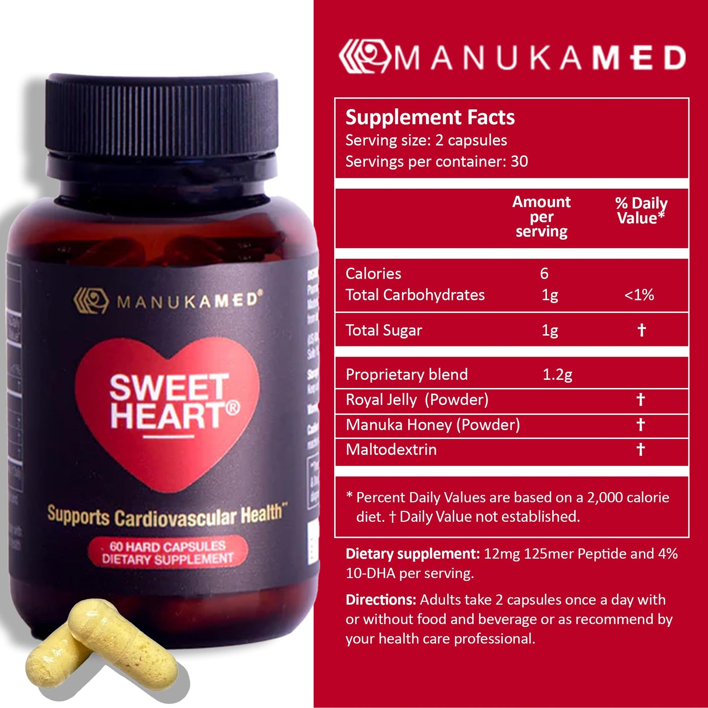 SweetHeart Natural Cholesterol Support Supplement – Manuka Honey Modified Royal Jelly Peptides, 60 Capsules | New Zealand Manuka Honey