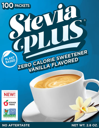 SweetLeaf Stevia Plus Packets – Zero Calorie Sugar Free Stevia (Vanilla, 100 Count)