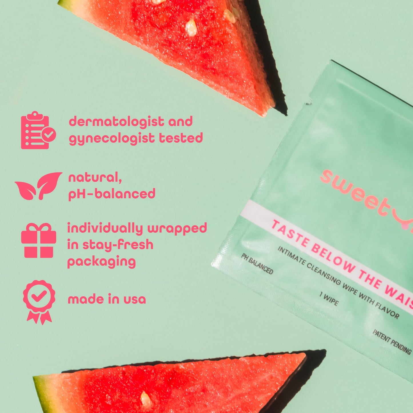 Sweetums Watermelon Flavored Feminine Wipes – pH Balanced, Individually Wrapped (10 Pack)