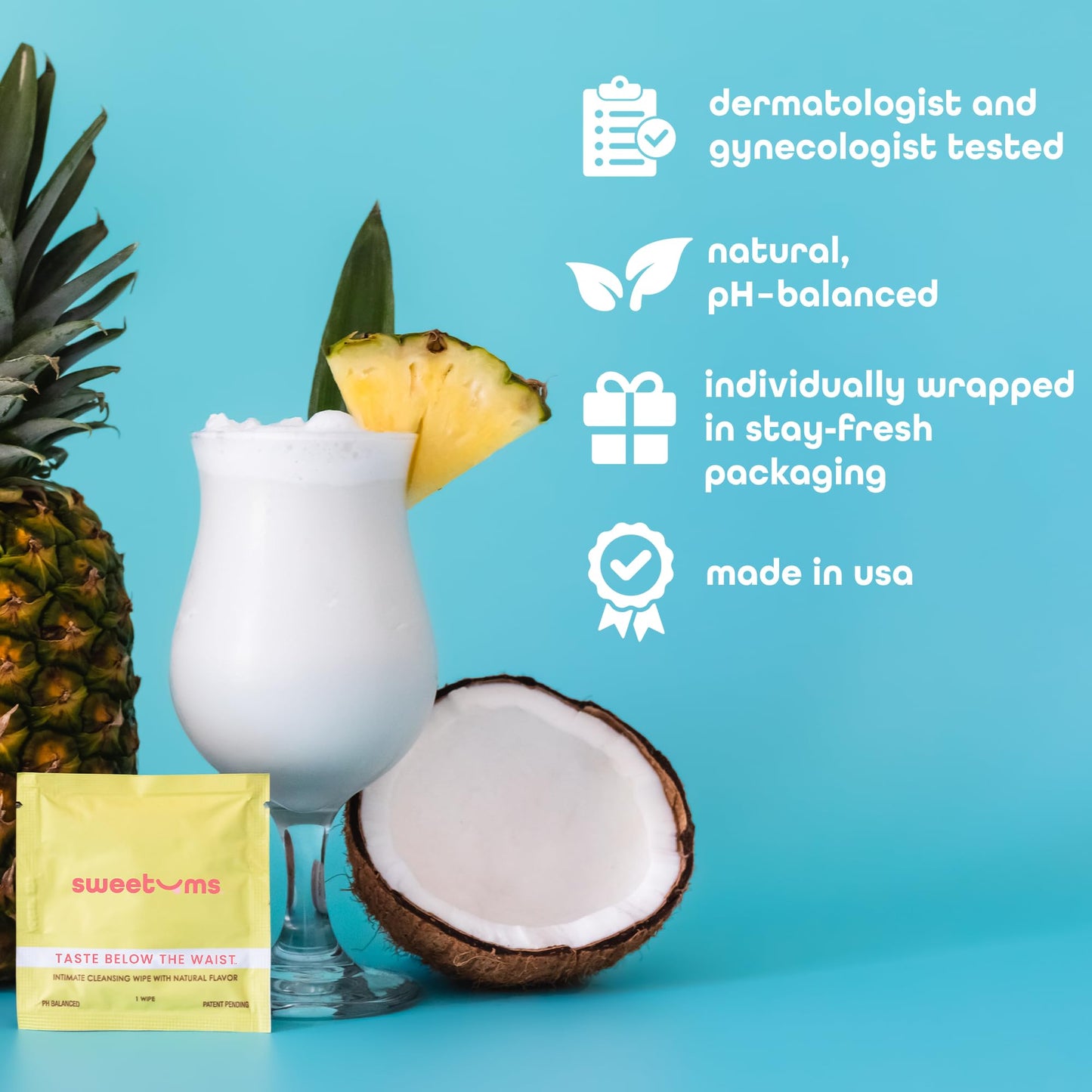 Sweetums Feminine Wipes for Women – pH Balanced, Pina Colada Flavor, Individually Wrapped (Pack of 10)