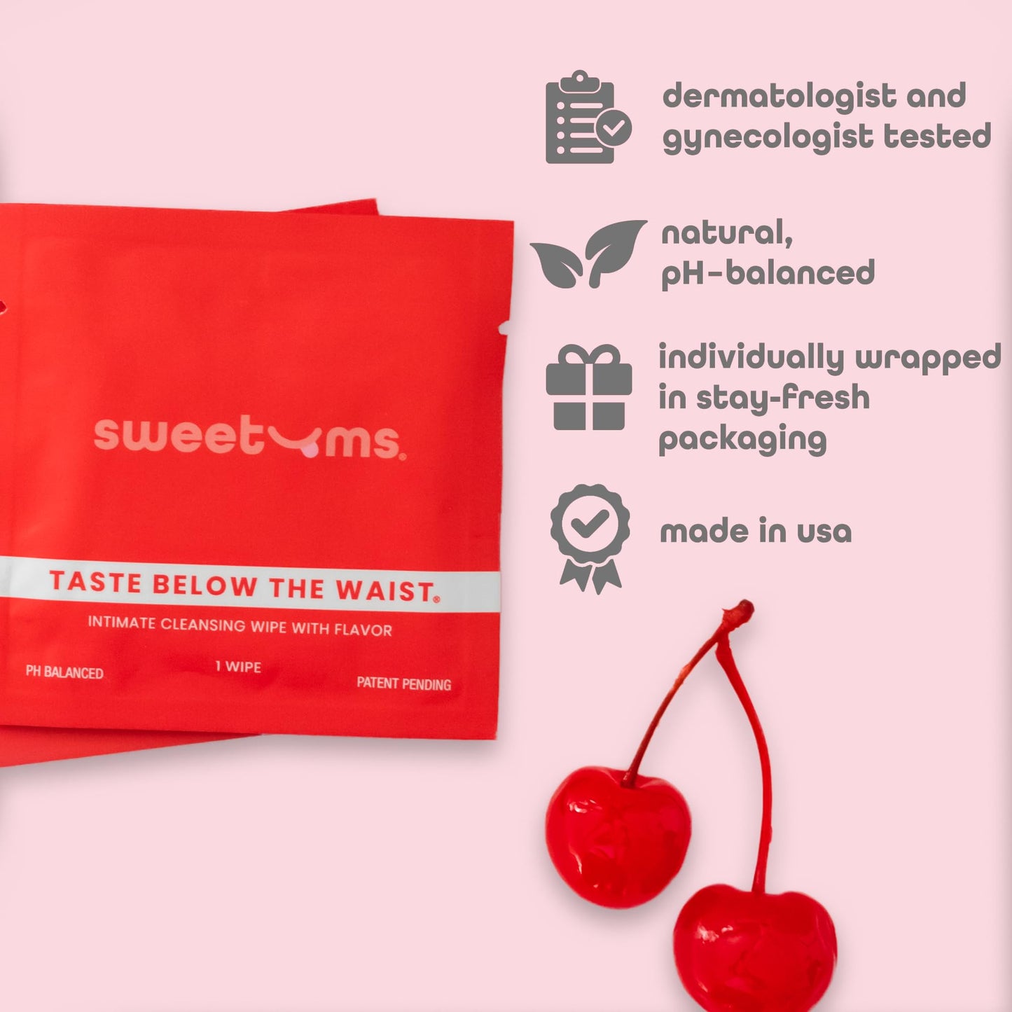 Sweetums Feminine Wipes for Women | pH Balanced Cherry Flavor, Individually Wrapped (Pack of 10)