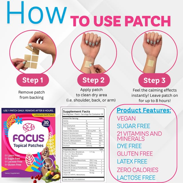 Swift Patch Focus Patch - Adults (30 Day Supply) with 22-Ingredient Proprietary Blend
