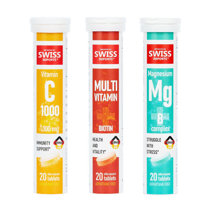 Swiss Imports Effervescent Variety Pack – Vitamin C 1000mg, Magnesium, B Complex, Biotin | 6-Pack, 120 Tablets