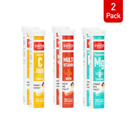 Swiss Imports Effervescent Variety Pack – Vitamin C 1000mg, Magnesium, B Complex, Biotin | 6-Pack, 120 Tablets
