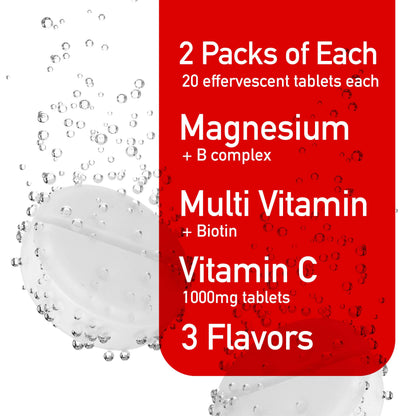 Swiss Imports Effervescent Variety Pack – Vitamin C 1000mg, Magnesium, B Complex, Biotin | 6-Pack, 120 Tablets