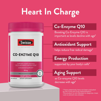 Swisse CoQ10 Supplement | Co-Enzyme Q10 135mg | 180 Softgels | Heart Health & Energy