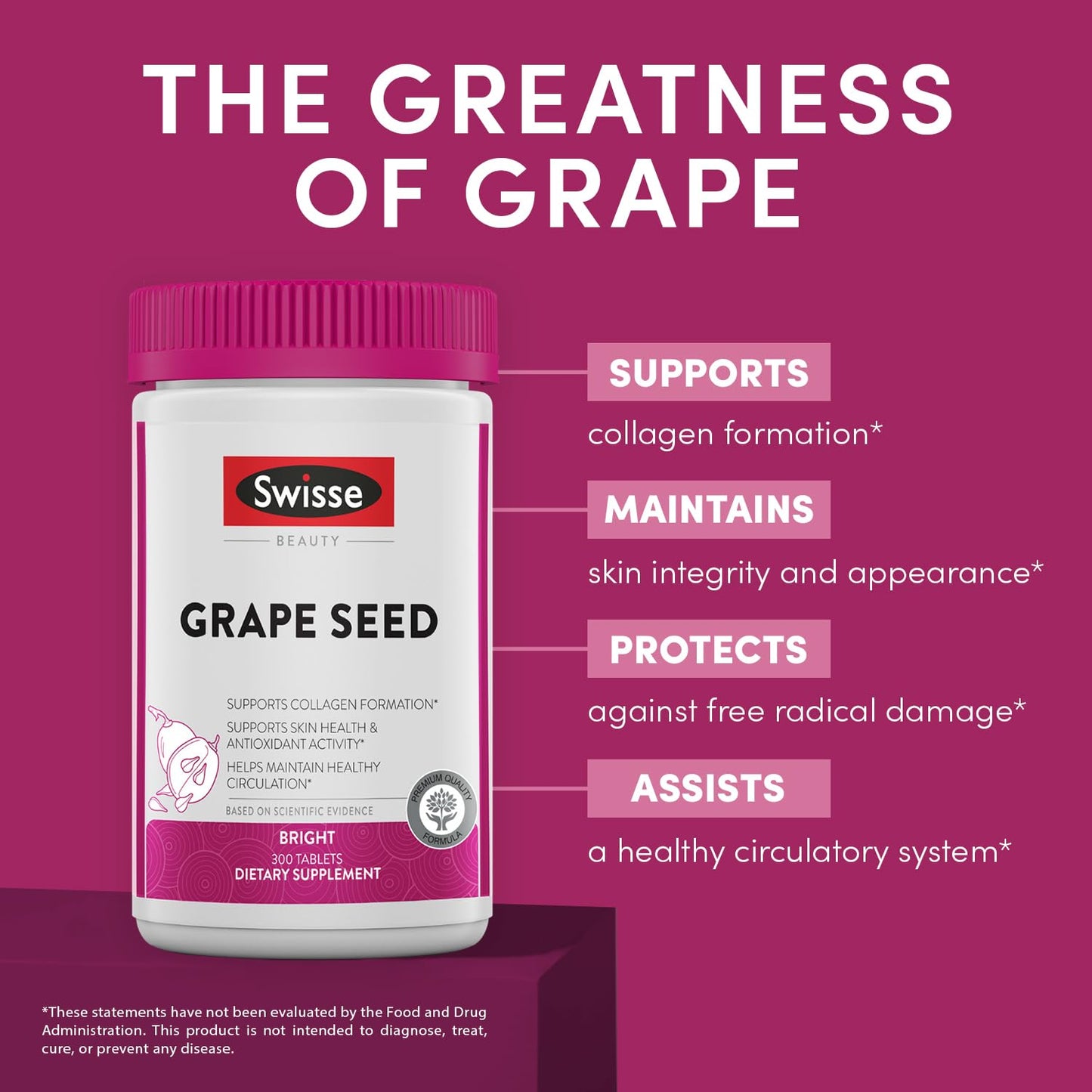 Swisse Grape Seed Extract Capsules – Antioxidant Herbal Supplement with Grapeseed Polyphenols & Vitamin C | Skin Health & Collagen Support | 300 Tablets