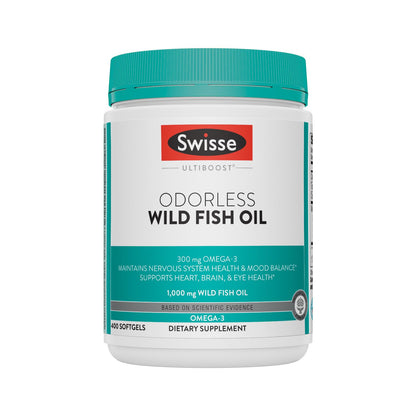 Swisse Wild Fish Oil 1000mg Odorless Softgels | Omega-3 EPA/DHA for Brain & Heart | 400 Softgels