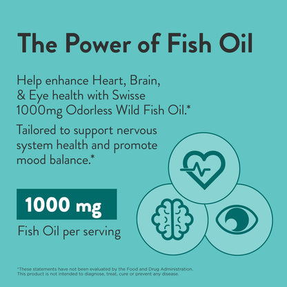 Swisse Wild Fish Oil 1000mg Odorless Softgels | Omega-3 EPA/DHA for Brain & Heart | 400 Softgels