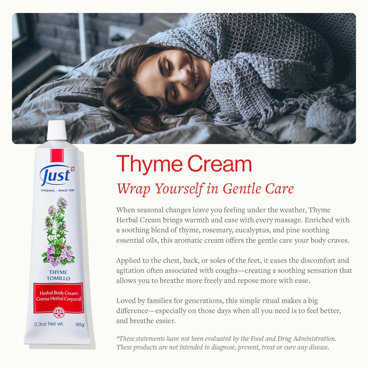 SwissJust Thyme Cream 96g – Massage Cream with Camphor & Essential Oils