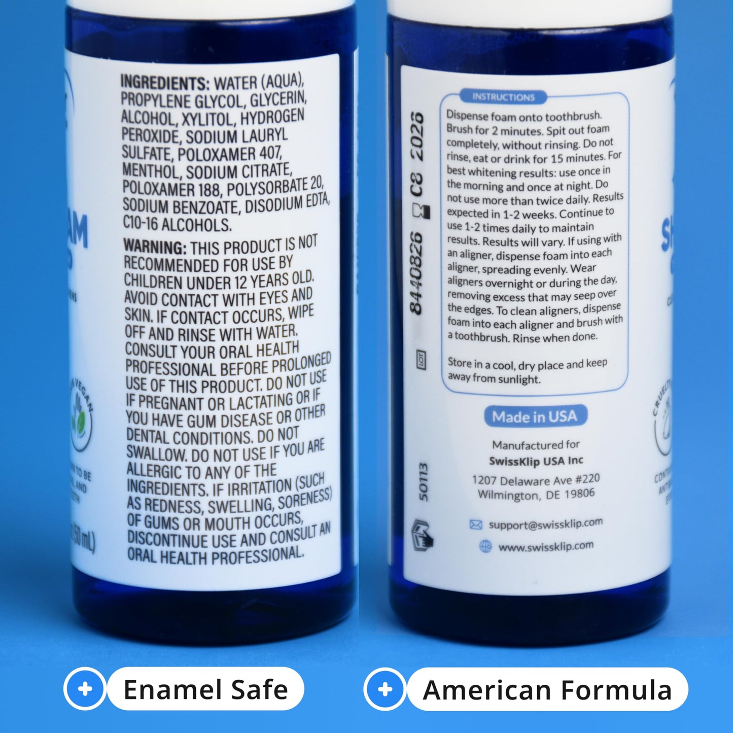 Swissklip ShineFoam – Mint Teeth Whitening Foam 1.69 oz – Made in USA – 100% Vegan