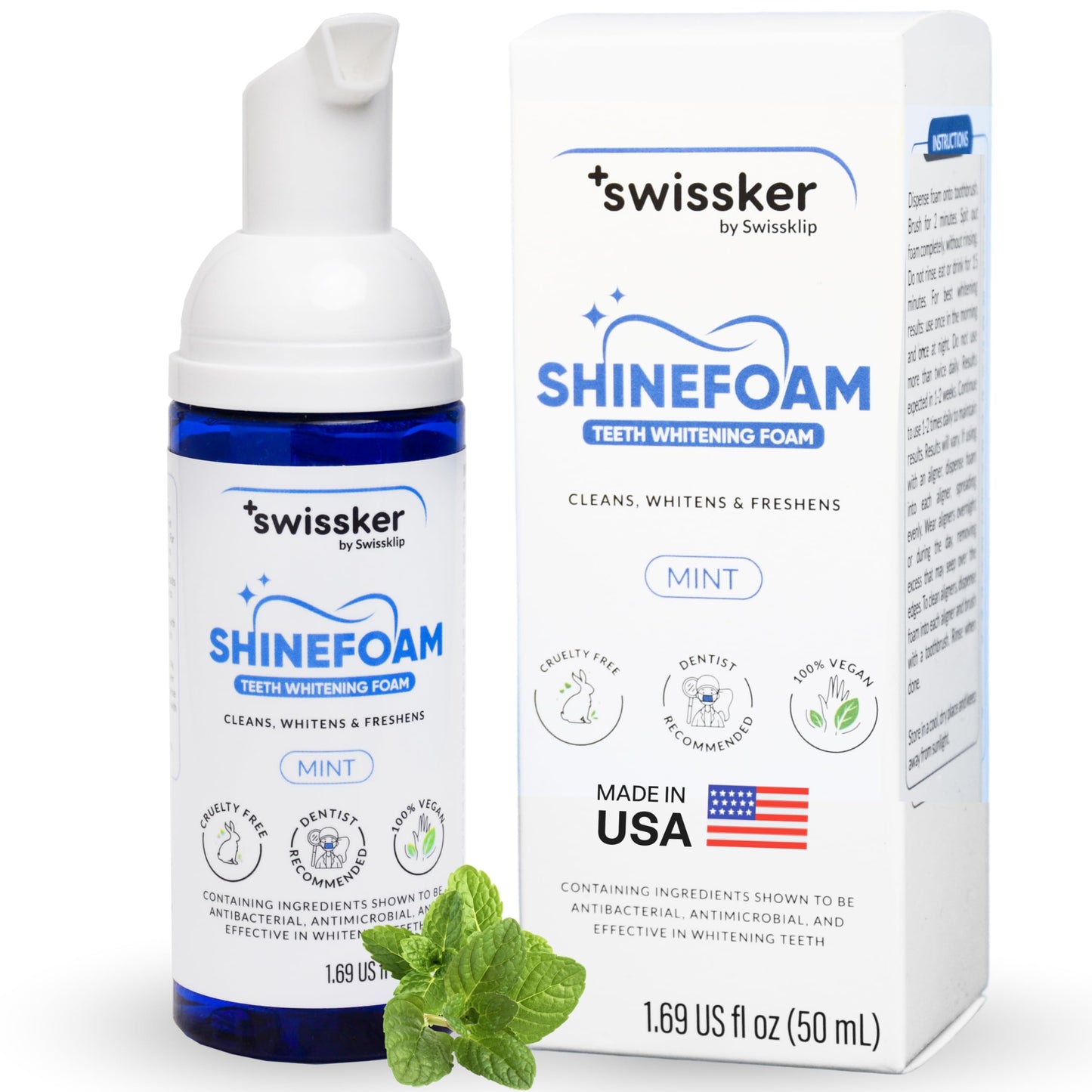 Swissklip ShineFoam – Mint Teeth Whitening Foam 1.69 oz – Made in USA – 100% Vegan
