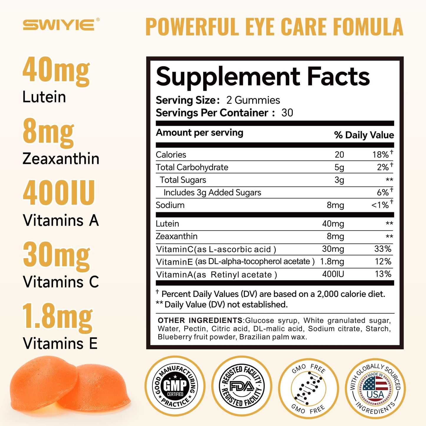 Swiyie Lutein Gummies – Eye Vitamin & Mineral Support with 20mg Lutein & 4mg Zeaxanthin | 60 Gummies