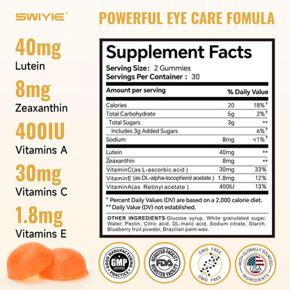 Swiyie Lutein Gummies – Eye Vitamin & Mineral Support with 20mg Lutein & 4mg Zeaxanthin | 60 Gummies