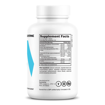 Swolverine B-Vitamin Complex | B-Complex with B12, B1, B2, B3, B5, B6, B7, B9, Choline, Inositol & Biotin – Energy, Stress & Immune Support (30 Servings)
